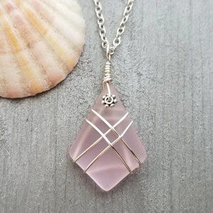 Wire Cross Pink Sea Glass Necklace Women Jewelry Gift